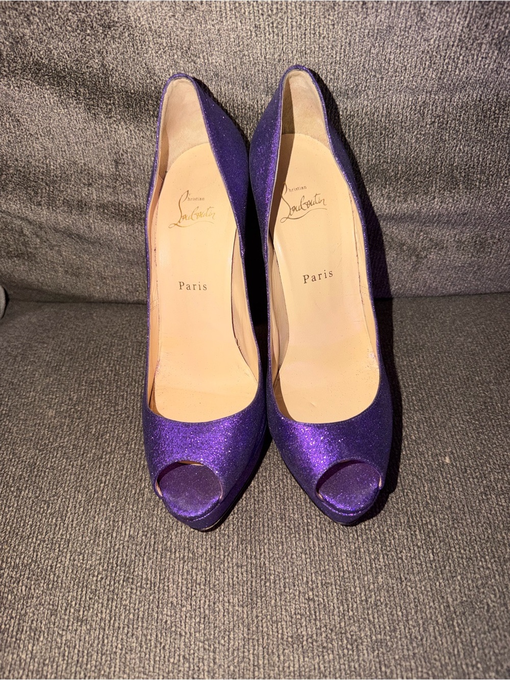 Christian Louboutin Purple Glitter Peep-Toe Pumps